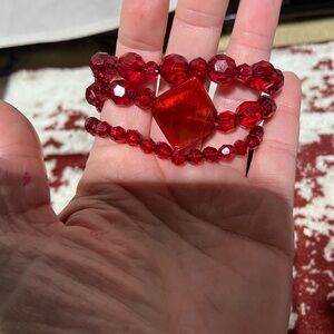 Red Faceted Stretchy Beaded Bracelet With Red Ribbon Back Tie Accent